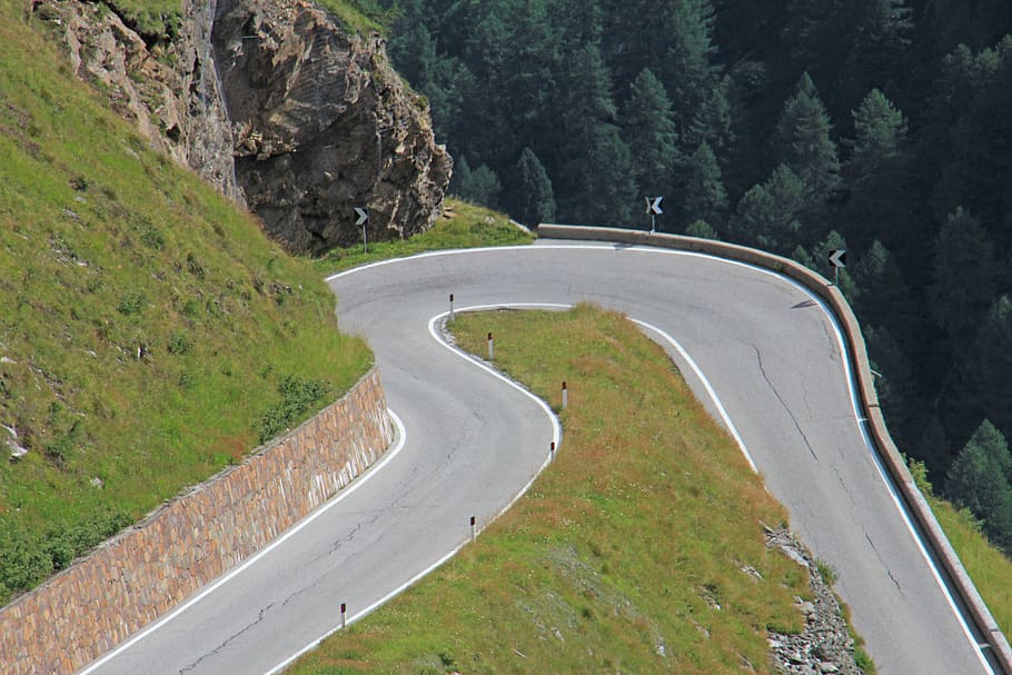 curve, return, mountain road, high alpine road, road, route, bent, pass road, mountain, tree
