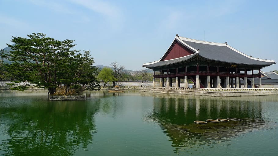 coreia, seul, templo, asiático, ásia, coreano, palácio, agua, estrutura construída, arquitetura