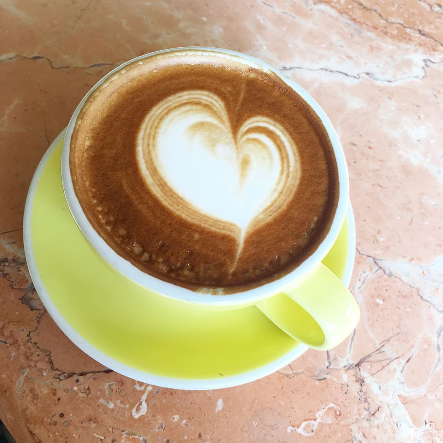 Café, latte, latte art heart, espresso, taza, bebida, marrón, capuchino, caliente, cafeína