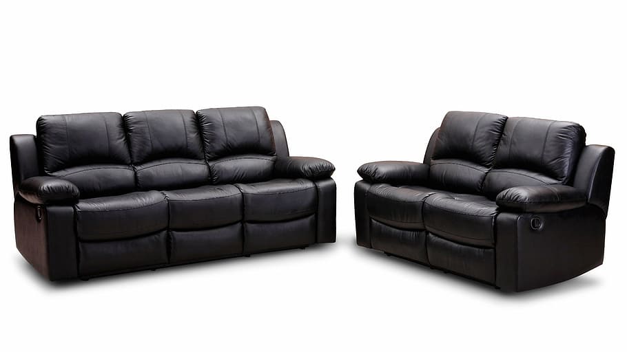 two, black, leather 2- seat, 2-seat, 3-seat, 3- seat sofas, leather sofa, recliner sofa, furniture, lounge suite