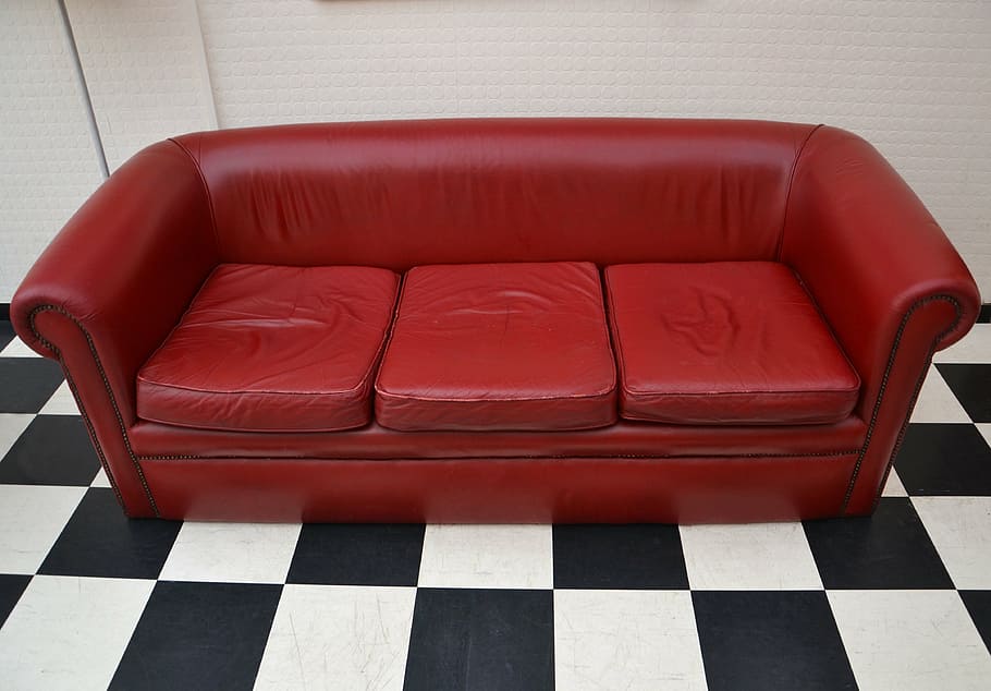 red, leather 3- seat sofa, 3-seat, chair, seat, sofa, interior, furniture, nobody, room