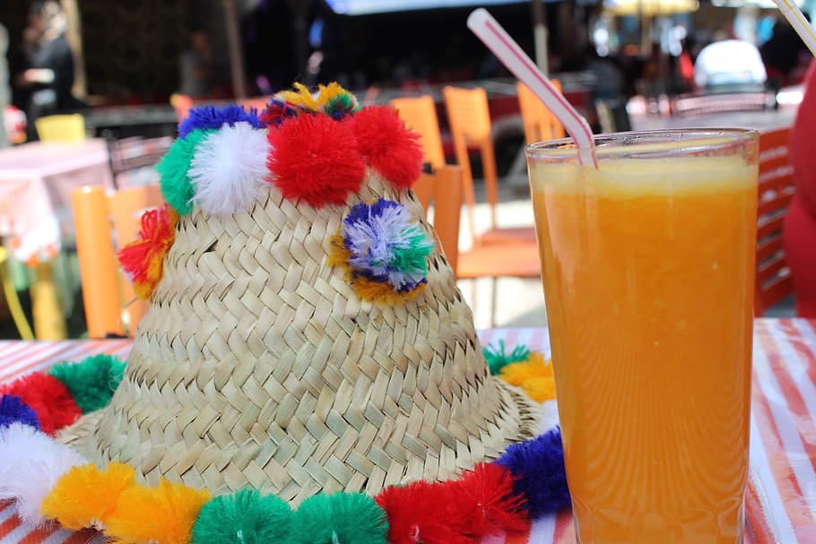 orange, juice, clear, highball glass, hat, morocco, street, glass, refreshment, drink