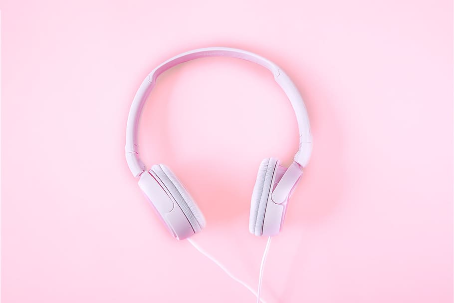 headphone, warna merah muda, putih, teknologi, musik, peralatan, benda tunggal, latar belakang merah muda, tidak ada orang, bisnis