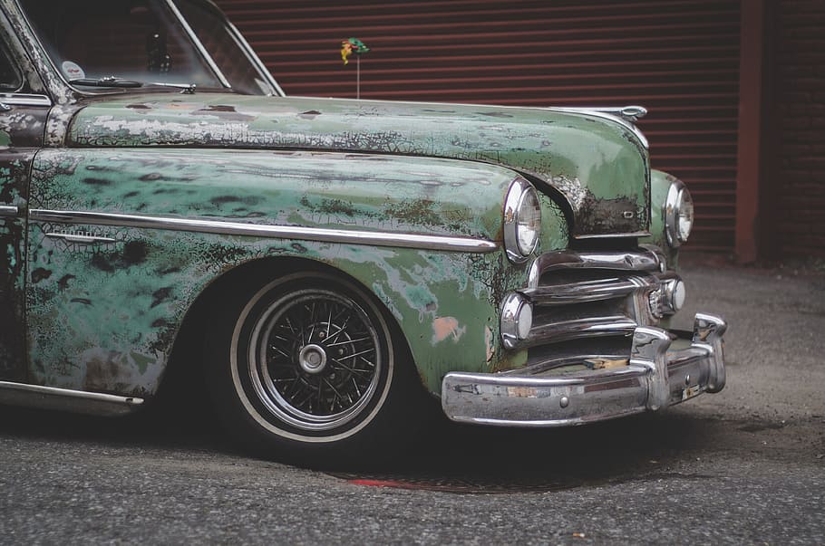 vintage, green, car, classic, retro, automobile, transportation, vehicle, antique, dirty