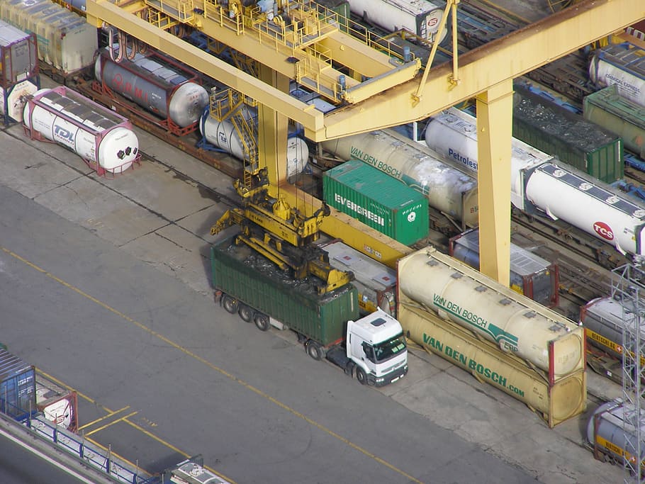 контейнер, контейнерный кран, спредер, конверт, грузовик, транспорт, обработка грузов, доступ, погрузка, погрузочный кран