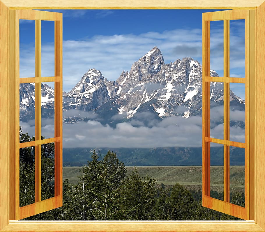 opened, window, showing, mountain, winter season, view, open window, window frame, open, seen through window