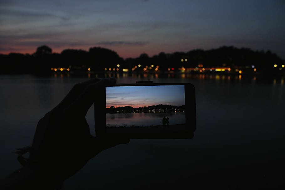 lake, aasee, münster, evening sun, sunset, sky, mobile phone, afterglow, abendstimmung, lights