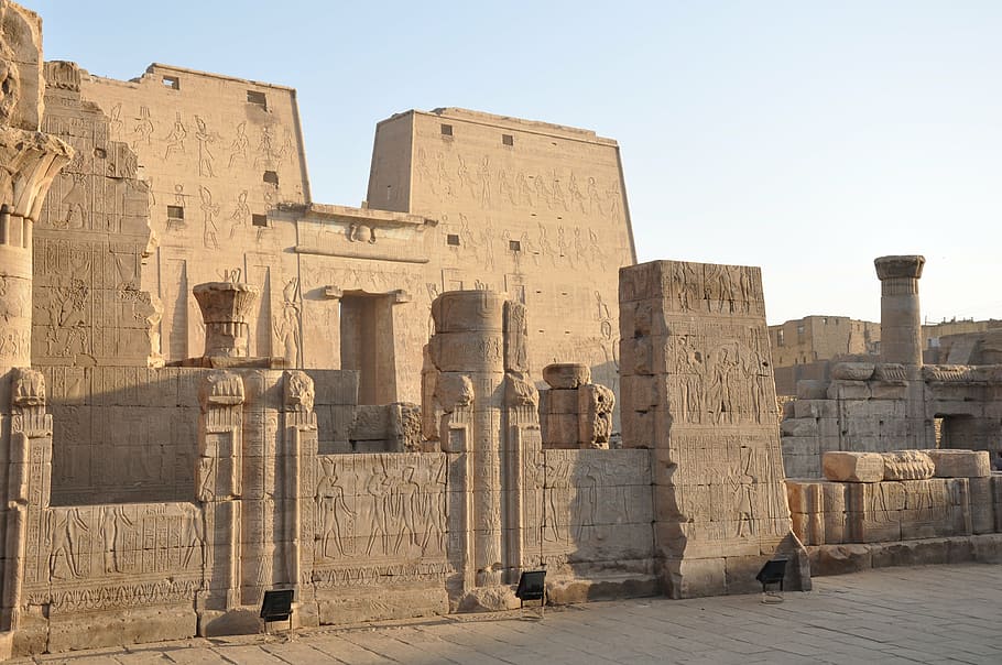 edificio de concreto marrón, egipto, templo, jeroglíficos, faraón, templo egipcio, viaje, estatua, columnas, pierre