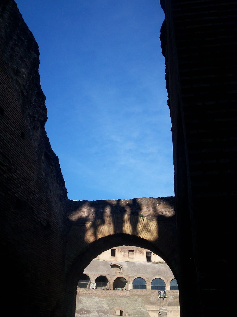 colosseum, rome, city, shadows, built structure, architecture, arch, sky, history, the past
