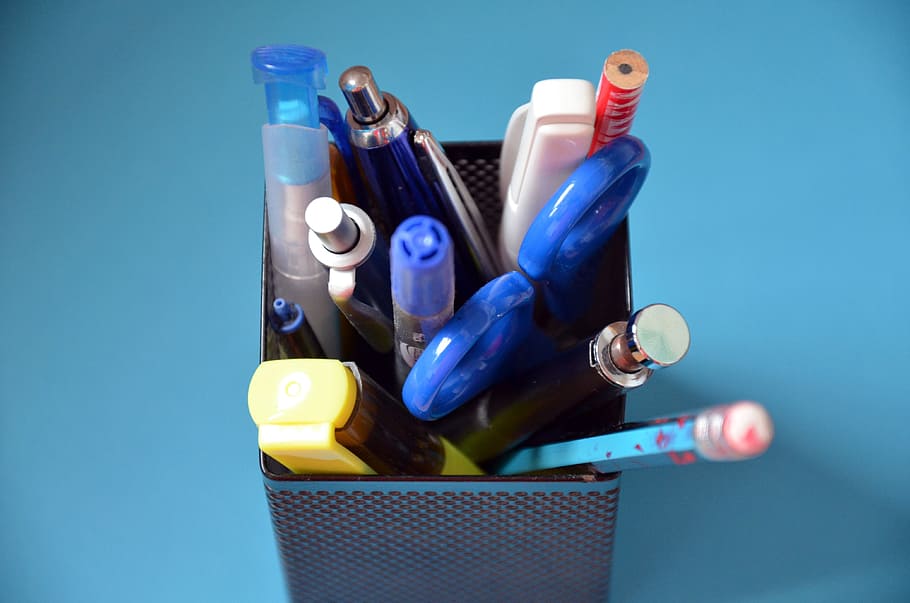 pen box, pens, scissors, pen, highlighter, pencil, office, marker, stationery, office supplies