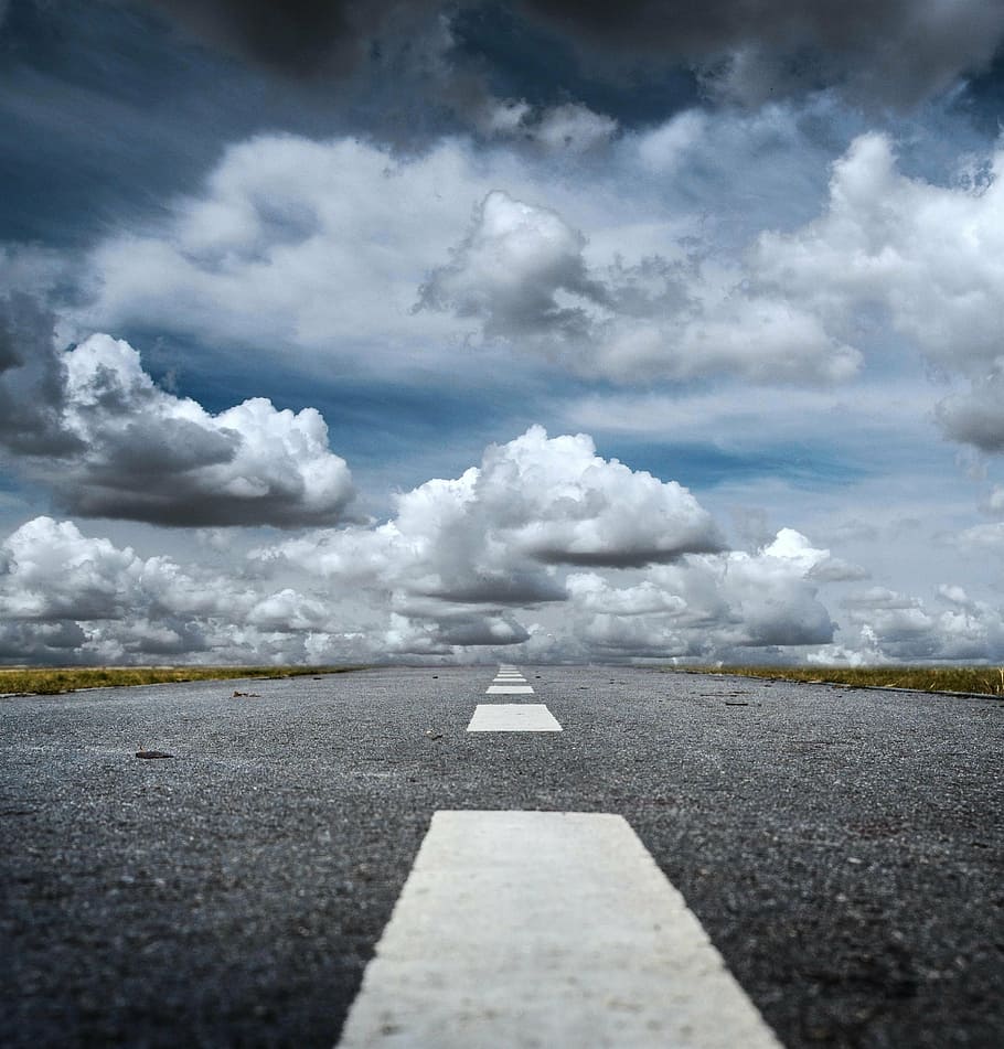 low, angle photography, pathway, clouds, way, seat belts, direction, the way forward, cloud - sky, road