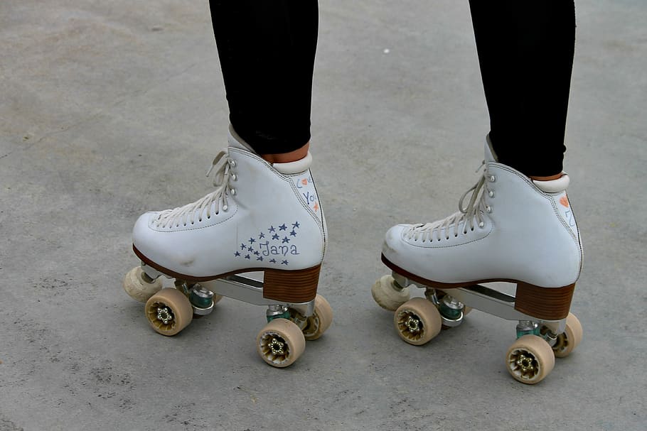 person, wearing, pair, white, roller skates, skaters, skating, training, sport, leisure