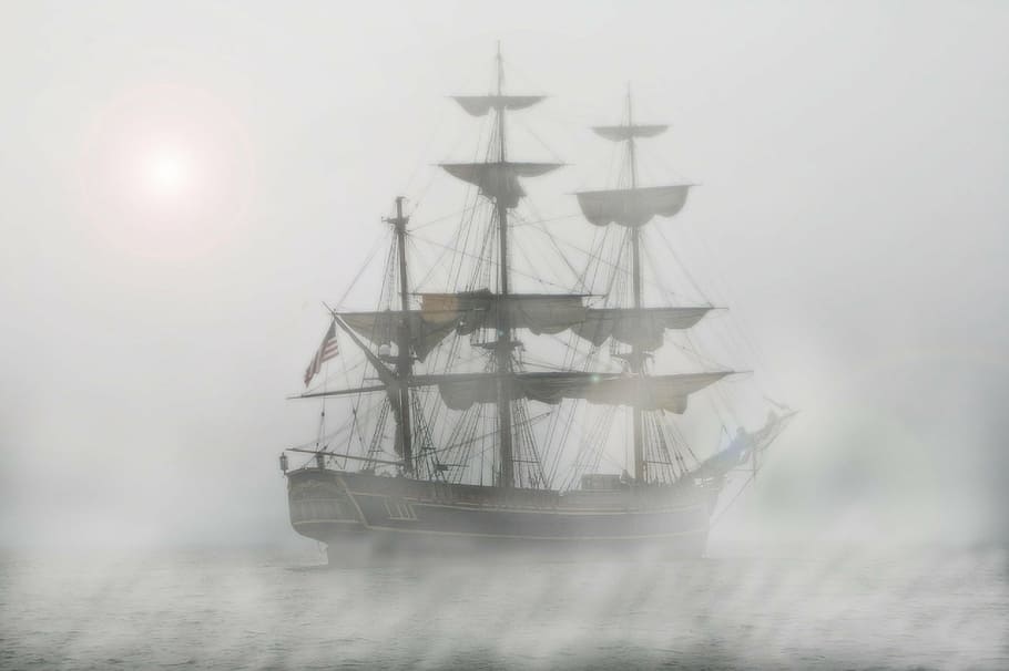 Ilustración del barco galeón, piratas, velero, fragata, barco, niebla, viaje, agua, mar, buque