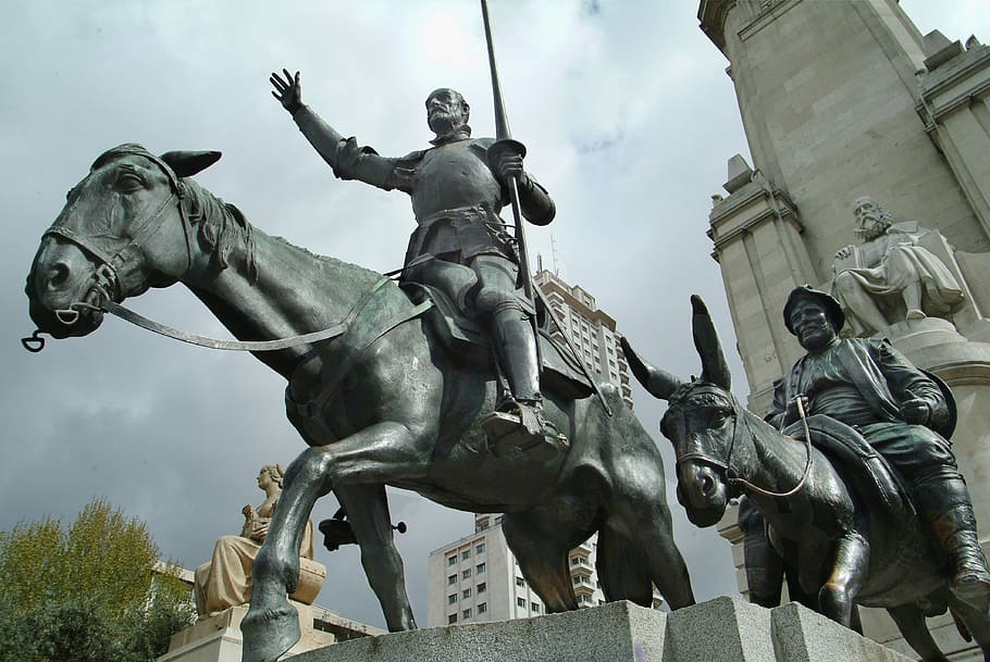 gray, concrete, horse statue, Cervantes, Don Quixote, Madrid, Statue, bronze, spain, horse