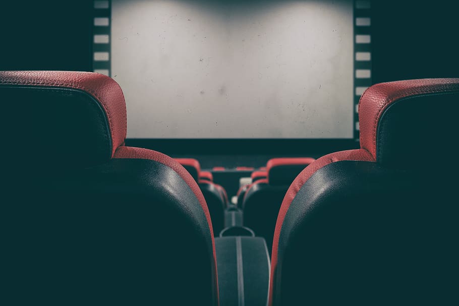 cine, teatro, lienzo, sentarse, tira de película, asiento, silla, ausencia, interior, vacío