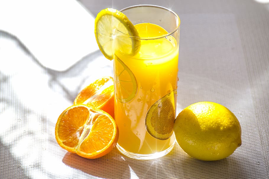 closeup, foto, hampir, penuh, jus lemon, lemon, jus, minuman, segar, musim panas