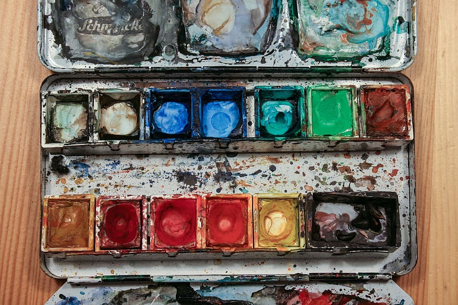 color, paint boxes, watercolour, paint, draw, colorful, blue, yellow, green, red
