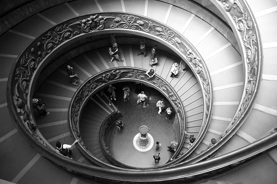 gris, fotografía a escala, grupo, personas, escalera giratoria, escalera de caracol, escala, ronda, vaticano, museos vaticanos
