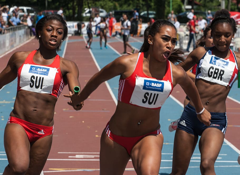 women, running, passing, baton, athletics, sport, relay, sports race, competition, running track