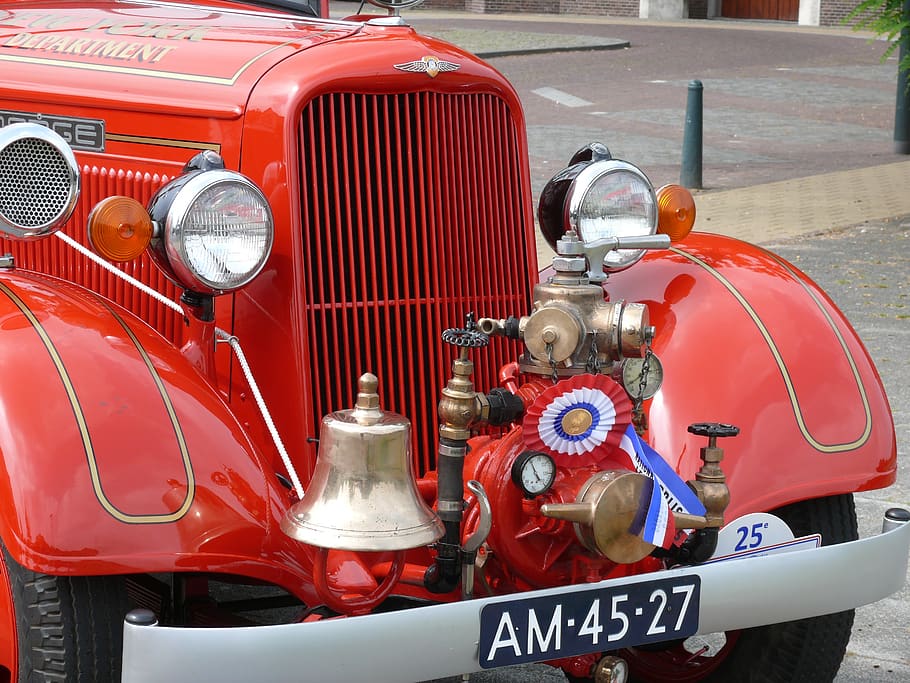 antique car, fire, oldtimer, red, vintage, cars, vehicle, classic cars, old car, fire department