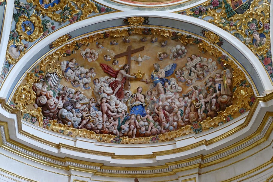 ceiling, sculpture, jesus, god, maria, angel, music, decoration, religion, cathedral