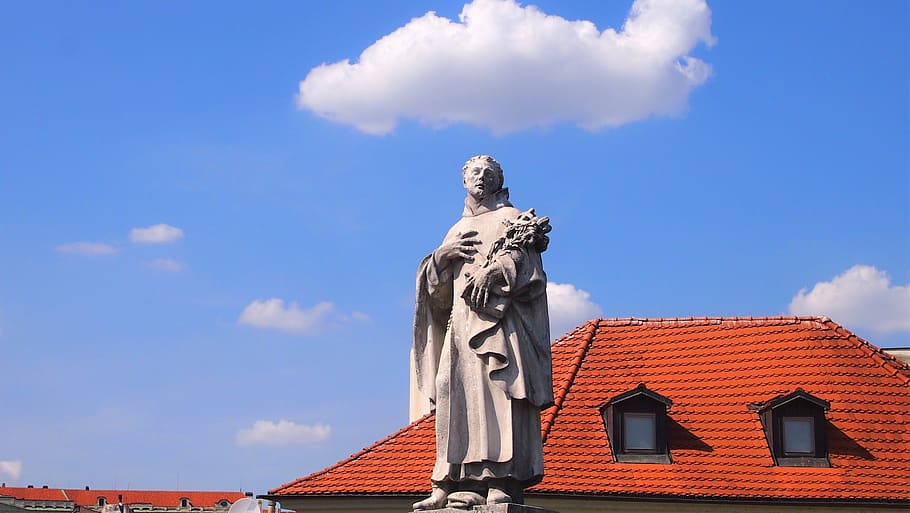 statue, prague, charles bridge, saint, vltava, czechia, sculpture, sky, cloud - sky, architecture