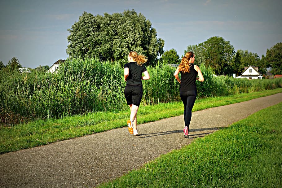 two, women, black, tops, bottoms, running, grey, trail, jogging, fitness