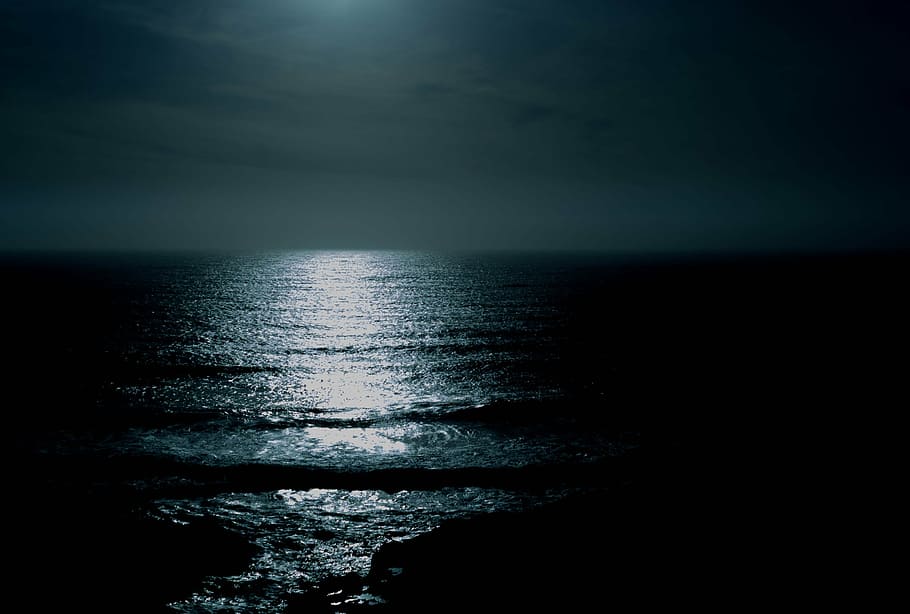 refleksi cahaya bulan, tubuh, air, waktu malam, kehidupan, kecantikan, pemandangan, pantai malam, samudra di malam hari, laut