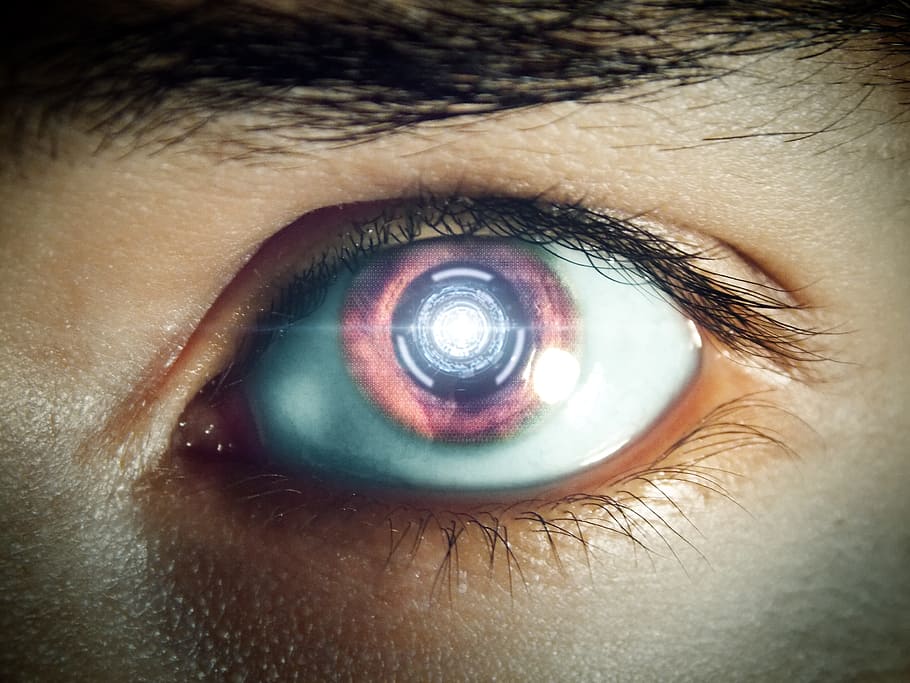 person, brown, contact lens, future, eye, robot eye, machine, futuristic, like a robot, droid