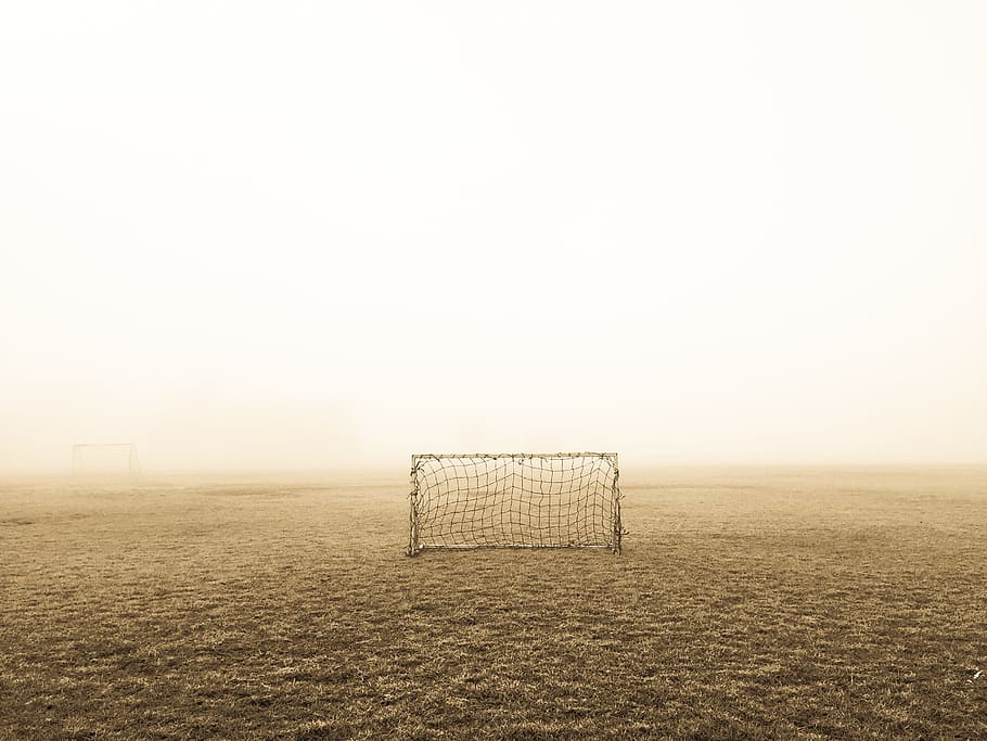 gray, goal, net, grassfield, nature, landscape, field, soil, dirt, fog