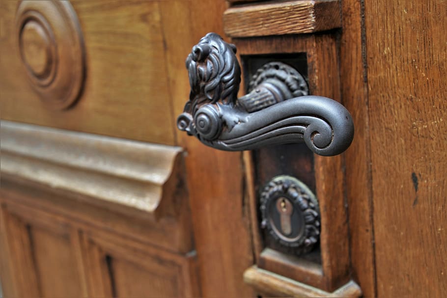 close-up photography, grey, metal door lever, door handle, fancy, forged, entrance, retro, open, entrance doors