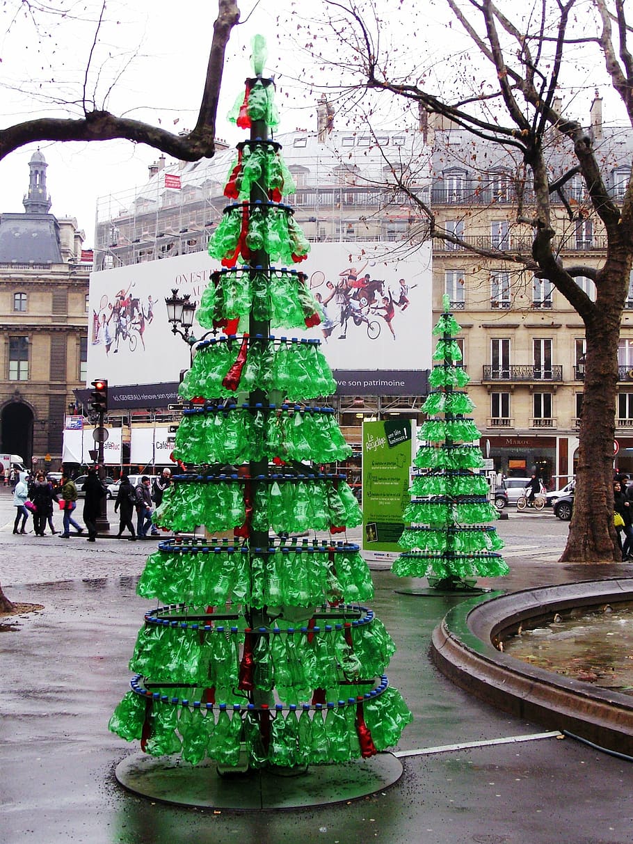 christmas trees, paris, art, waste, tree, christmas, architecture, christmas tree, built structure, building exterior