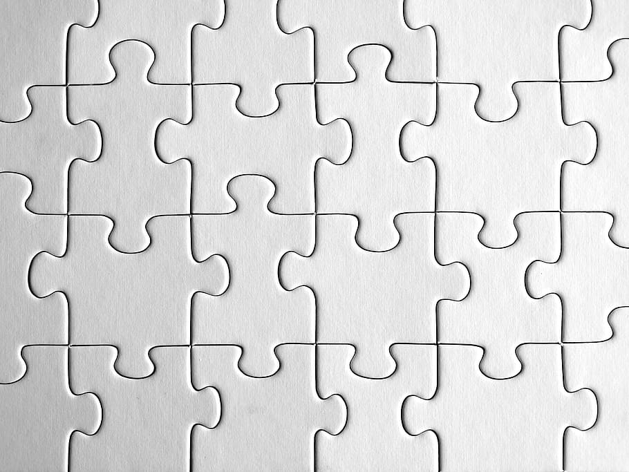 teka-teki jizsaw putih, putih, teka-teki, demarkasi, pas tepat, bersama-sama, ditambahkan bersama, lengkap, menjadi satu sama lain, teka-teki jigsaw