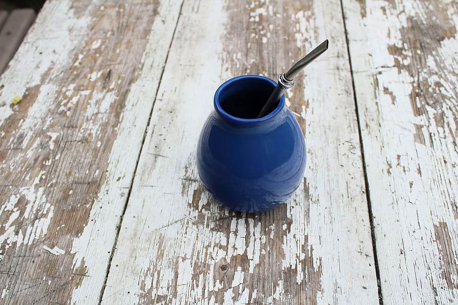 Yerba Mate, Matero, Bombilla, the bombilla, wood - material, high angle view, paint, day, close-up, blue