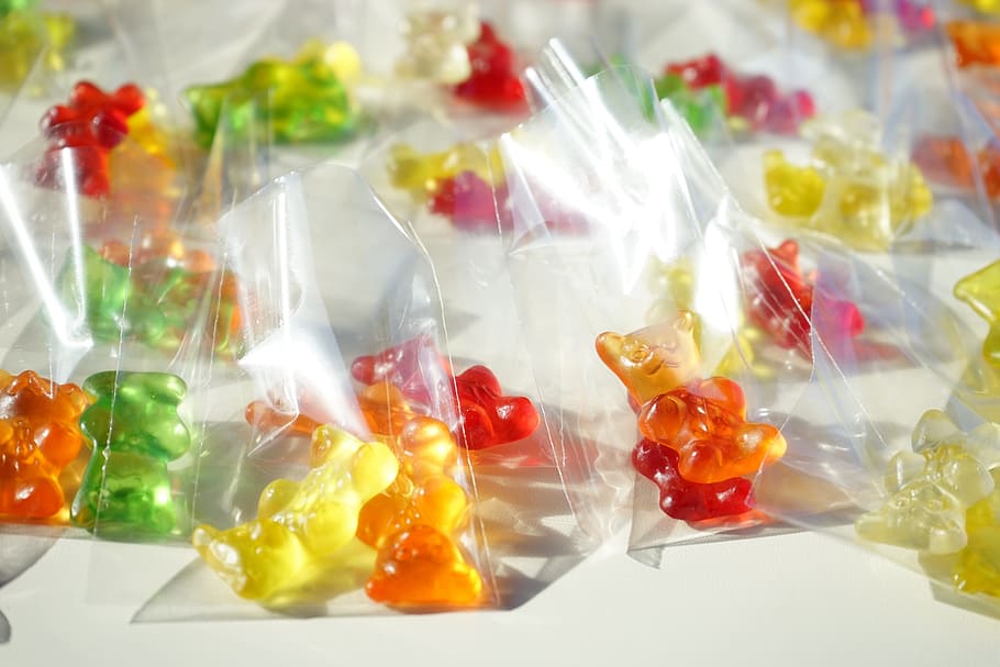 Gummi Bears, Packed, Sachets, mitbringsel, cellophane, fruit gums, bear, sweetness, colorful, color