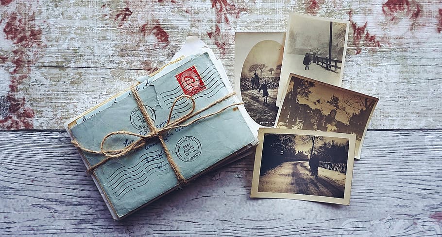 vintage, cartas, fotos, disposição plana, rústico, mesa, correio, retro, antigo, memórias