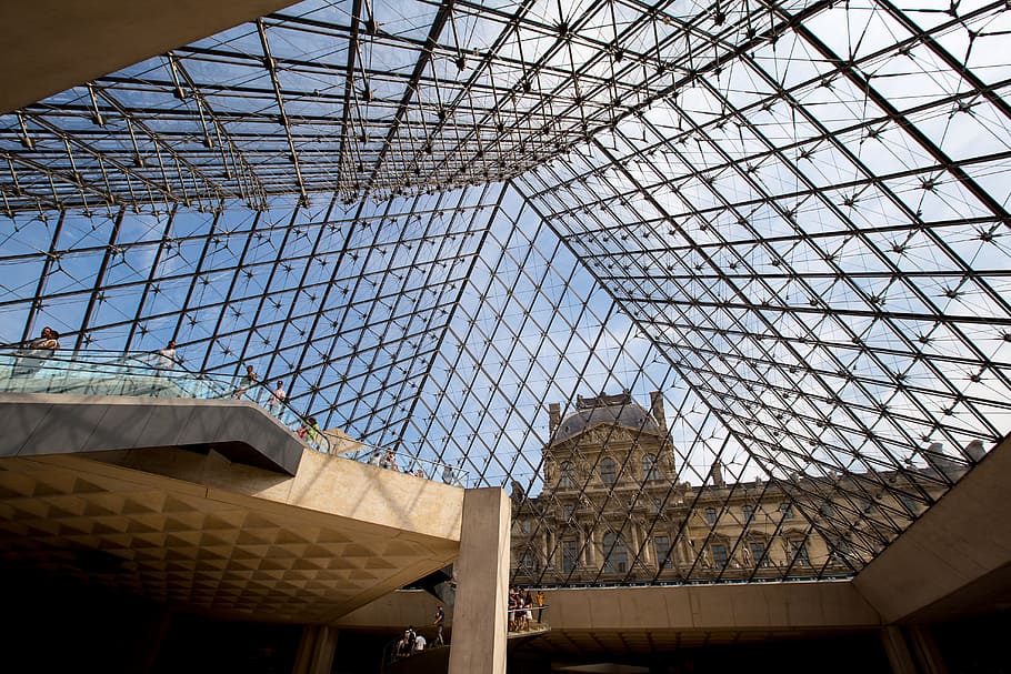 paris, the louvre, pyramid, inside view, journey, built structure, architecture, low angle view, ceiling, travel destinations