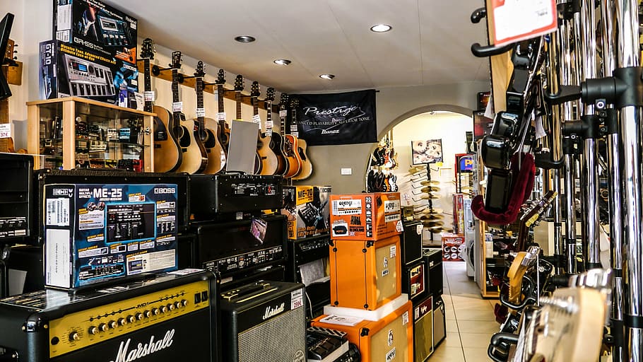 store, amp, guitar, instrument, music, rock, indoors, retail, shopping, business