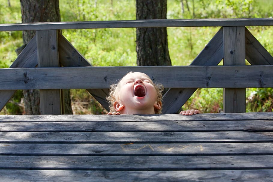 boy, standing, gray, wooden, table, daytime, Screams, Child, Childhood, Laugh