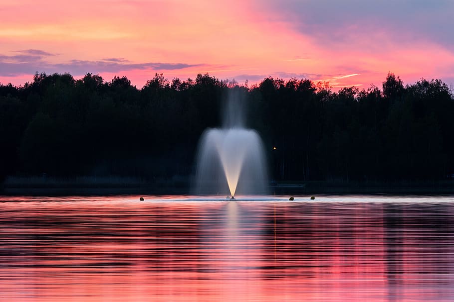 fountain, park, water, lights, landscape, view, trees, plants, nature, sunset