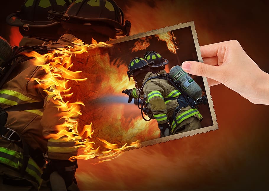 Photo Montage, Fire, Training, Live, protection, thank you, human hand, human body part, one person, close-up