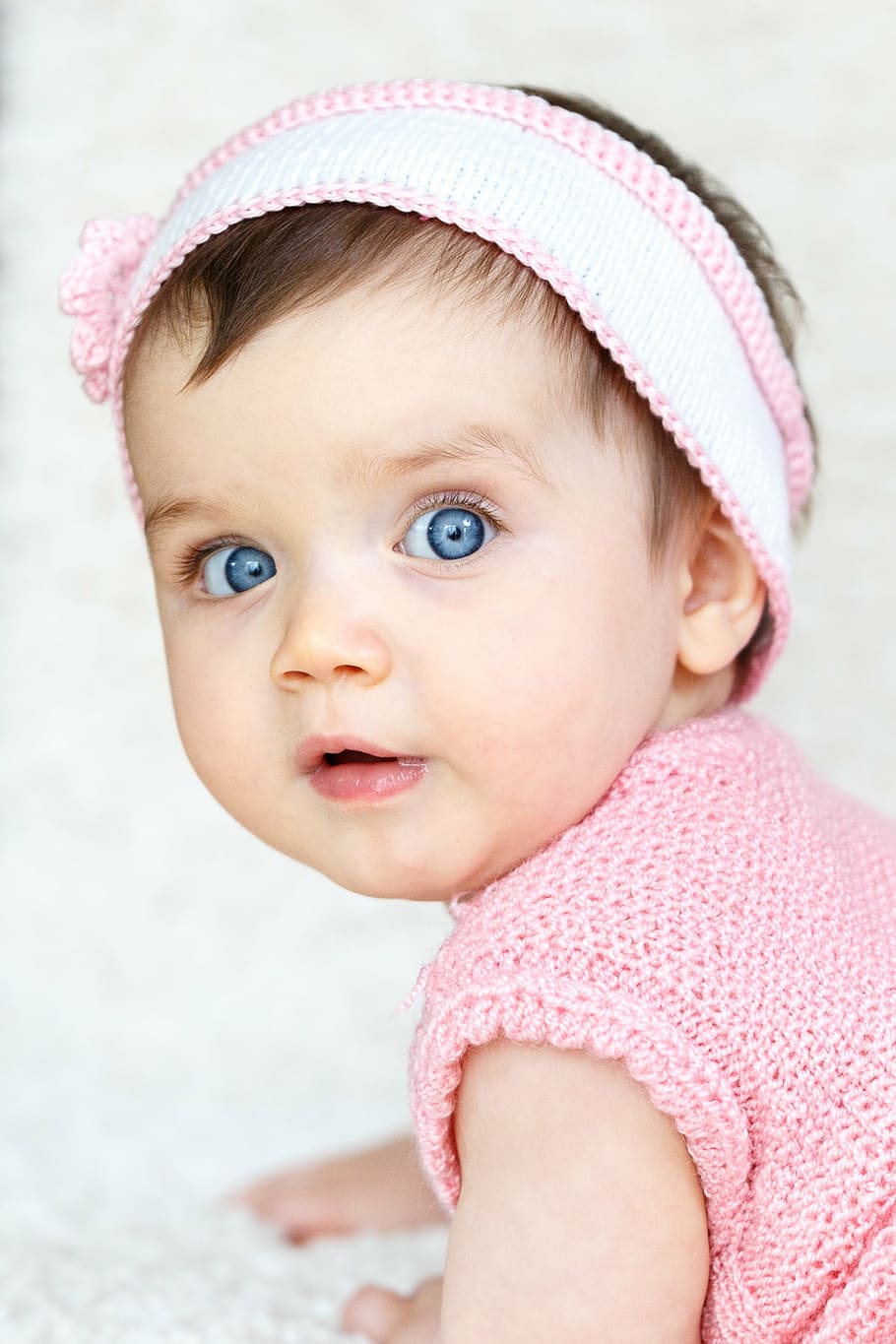 baby, wearing, pink, knit, shirt, white, headband, child, hair band, dress