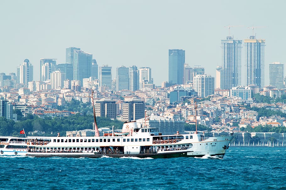 branco, navio de cruzeiro, corpo, água, istambul, cidade, arquitetura, vista, exterior do edifício, estrutura construída