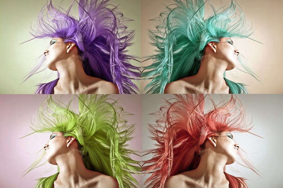 mujeres, cuatro, collage de cabello de varios colores, niña, bella, bonita, modelo, posando, peinados, peluquería