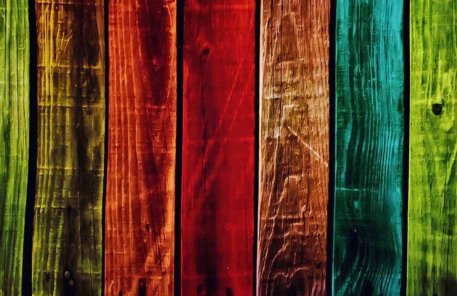 red, blue, lime-green, wooden, fence, background, wood planks, kunterbunt, color, background image