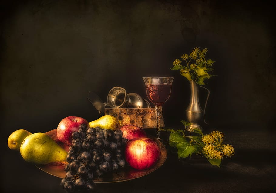 still, life photography, fruits, still lifes, fruit, pears, apples, grapes, glass of wine, pitcher
