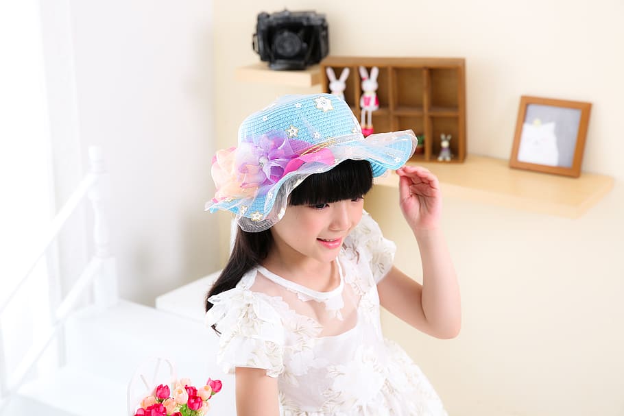 child, girls, portrait, white dress, hat, bid, asia, women, japanese Ethnicity, people