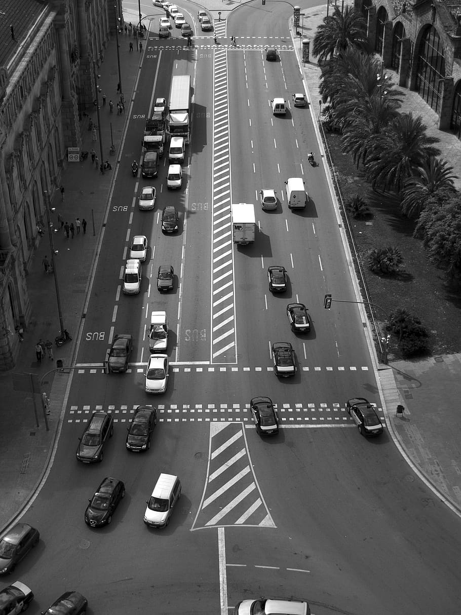 black and white, barcelona, traffic, cars, roundabit, road, street, trucks, city, high angle view