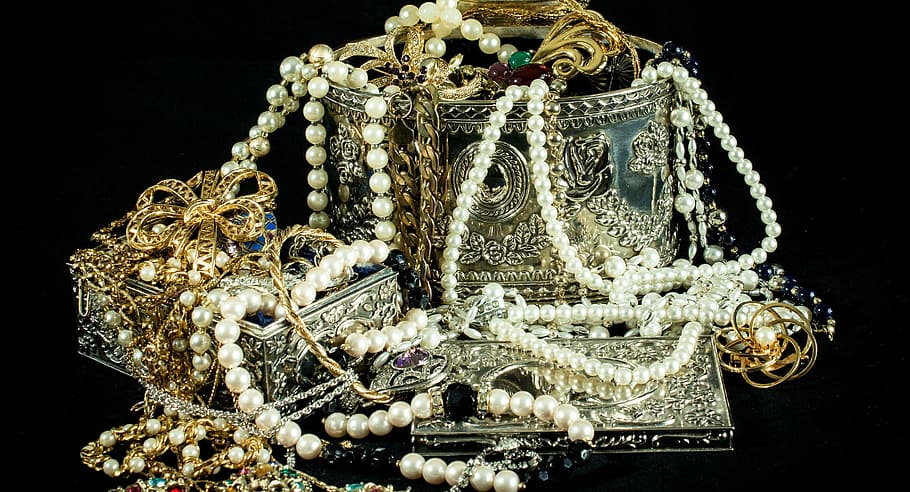 manik-manik mutiara putih, perhiasan, kalung, bros, emas, perak, mutiara, berlian, perhiasan imitasi, harta