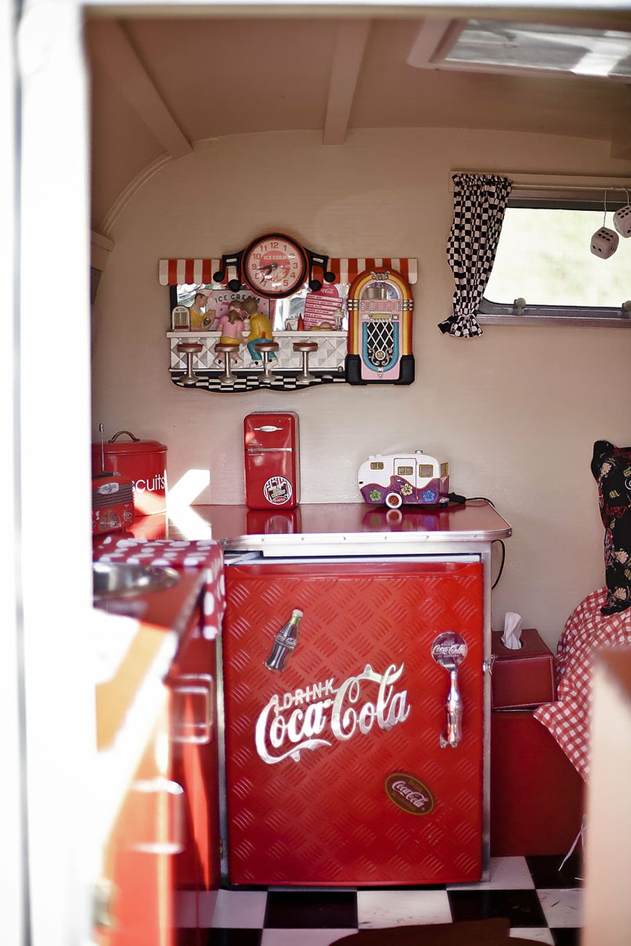 coca cola, rv, refrigerator, vintage, car, classic, automobiles, restaurant, indoors, cafe